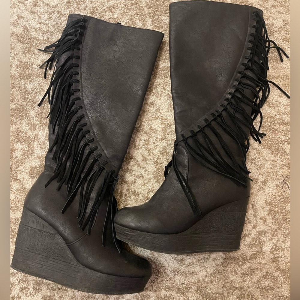 Black Knee High Wedge Boots